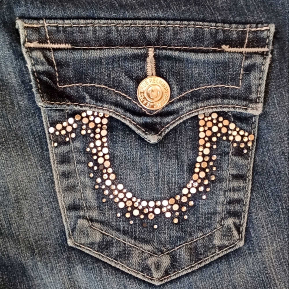 True Religion Silver Flat Round Studs & Rhinestones Straight Leg Jeans 28×32